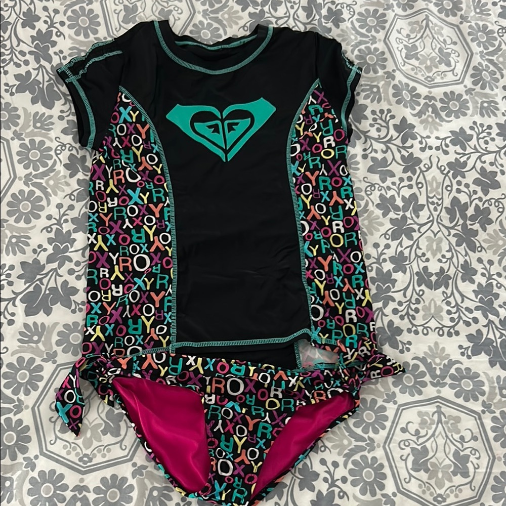 Roxy Black and Pink Rashguard Swim Set